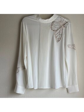MOTF White Pleated Long-Sleeve Blouse with Butterfly Print